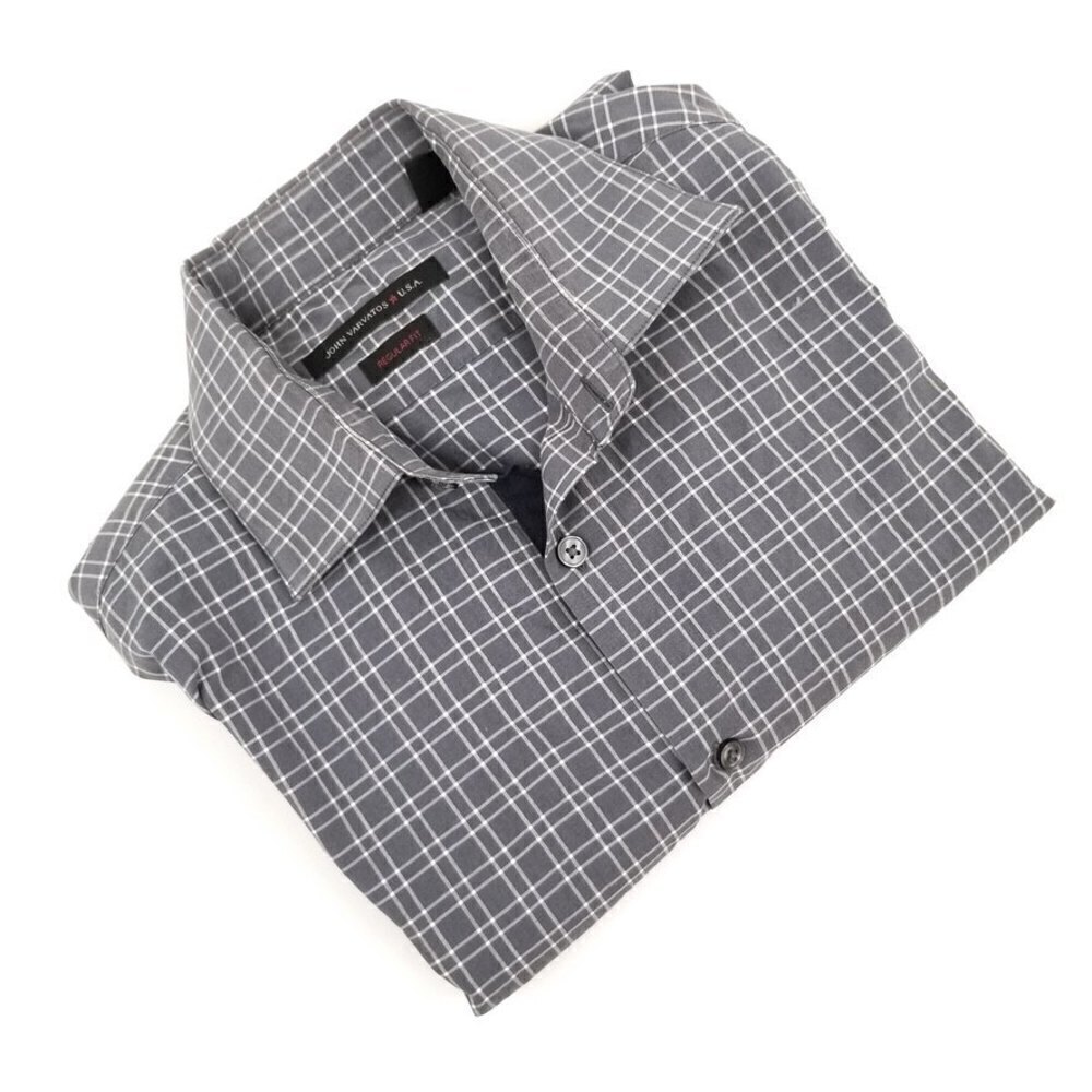 John Varvatos Gray White Plaid Casual Long Sleeve Button Down Shirt Mens 16 x 32